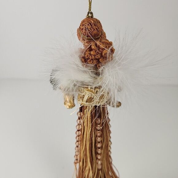 Christmas Angel Ornament Gold Tassel Beaded Dress Feather Wing Bouquet 10" - Picture 5 of 7